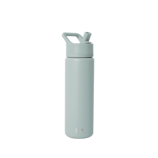 Pale sage green water bottle on white background