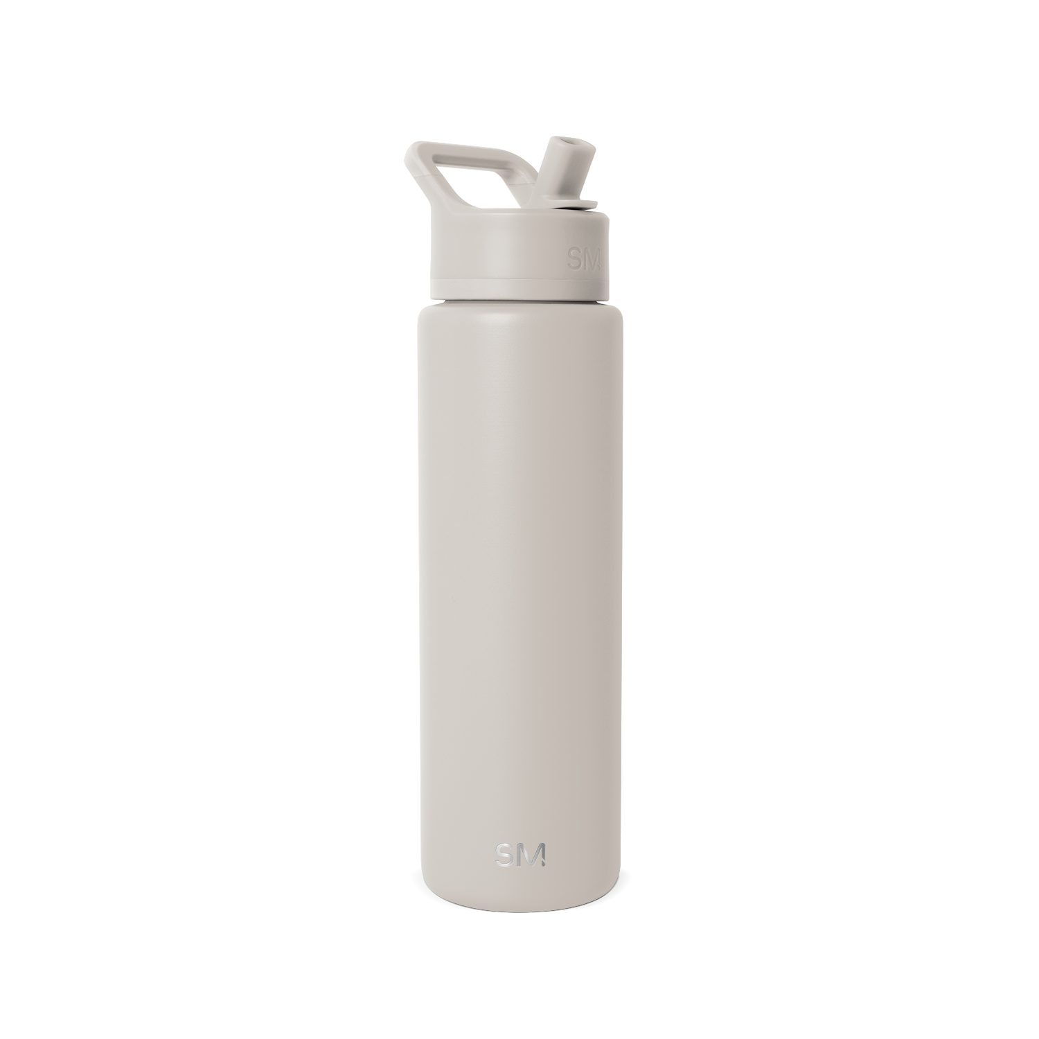 Stone gray cosmetic bottle with pump dispenser on white background, product shot for skincare or beauty item labeled SM2-S-30-ALB-M