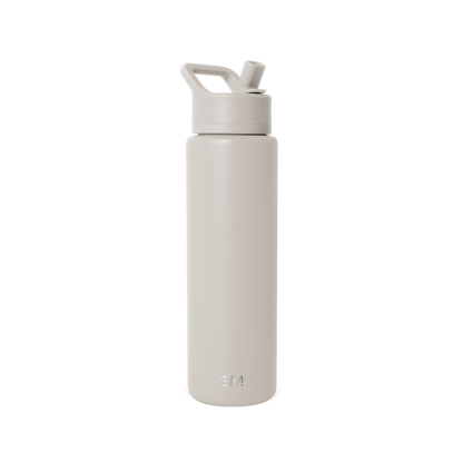 Stone gray cosmetic bottle with pump dispenser on white background, product shot for skincare or beauty item labeled SM2-S-30-ALB-M