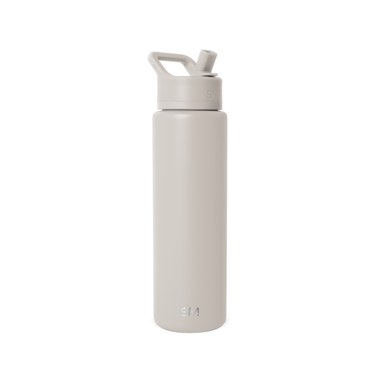 Stone gray cosmetic bottle with pump dispenser on white background, product shot for skincare or beauty item labeled SM2-S-30-ALB-M