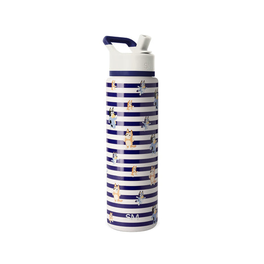 Navy blue and white striped 30-ounce Simple Modern water bottle with cartoon dog illustrations, white lid, navy carry handle, and SM logo on white background.