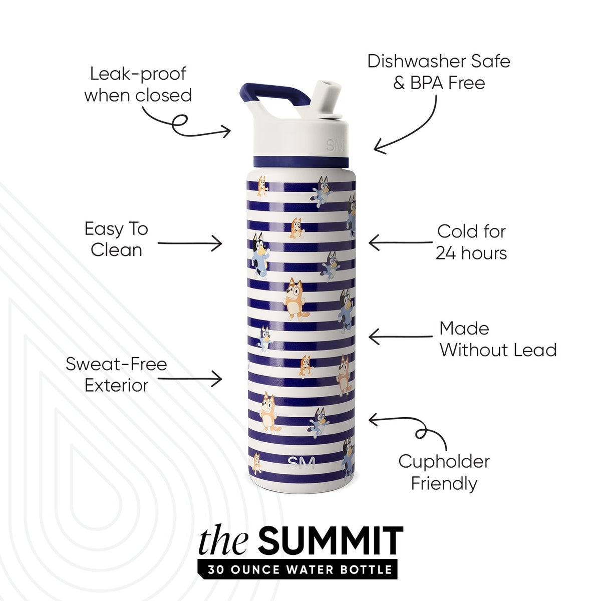 Navy and white striped 30-ounce water bottle with cartoon dog characters, navy cap and handle. Features callouts: leak-proof, dishwasher safe, keeps drinks cold 24 hours, sweat-free exterior, cupholder friendly.