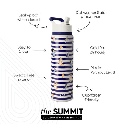 Navy and white striped 30-ounce water bottle with cartoon dog characters, navy cap and handle. Features callouts: leak-proof, dishwasher safe, keeps drinks cold 24 hours, sweat-free exterior, cupholder friendly.
