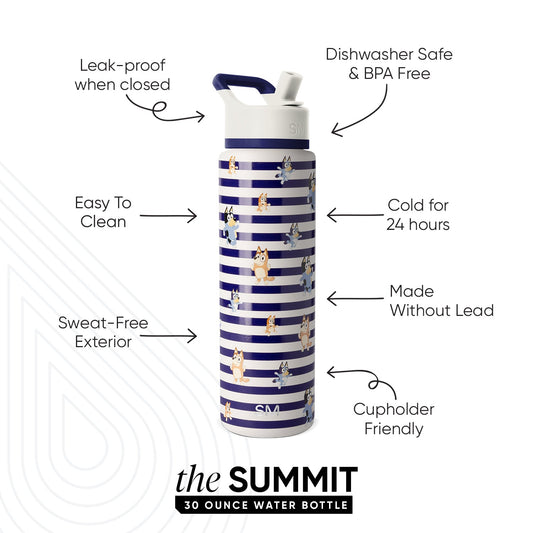 Navy and white striped 30-ounce water bottle with cartoon dog characters, navy cap and handle. Features callouts: leak-proof, dishwasher safe, keeps drinks cold 24 hours, sweat-free exterior, cupholder friendly.
