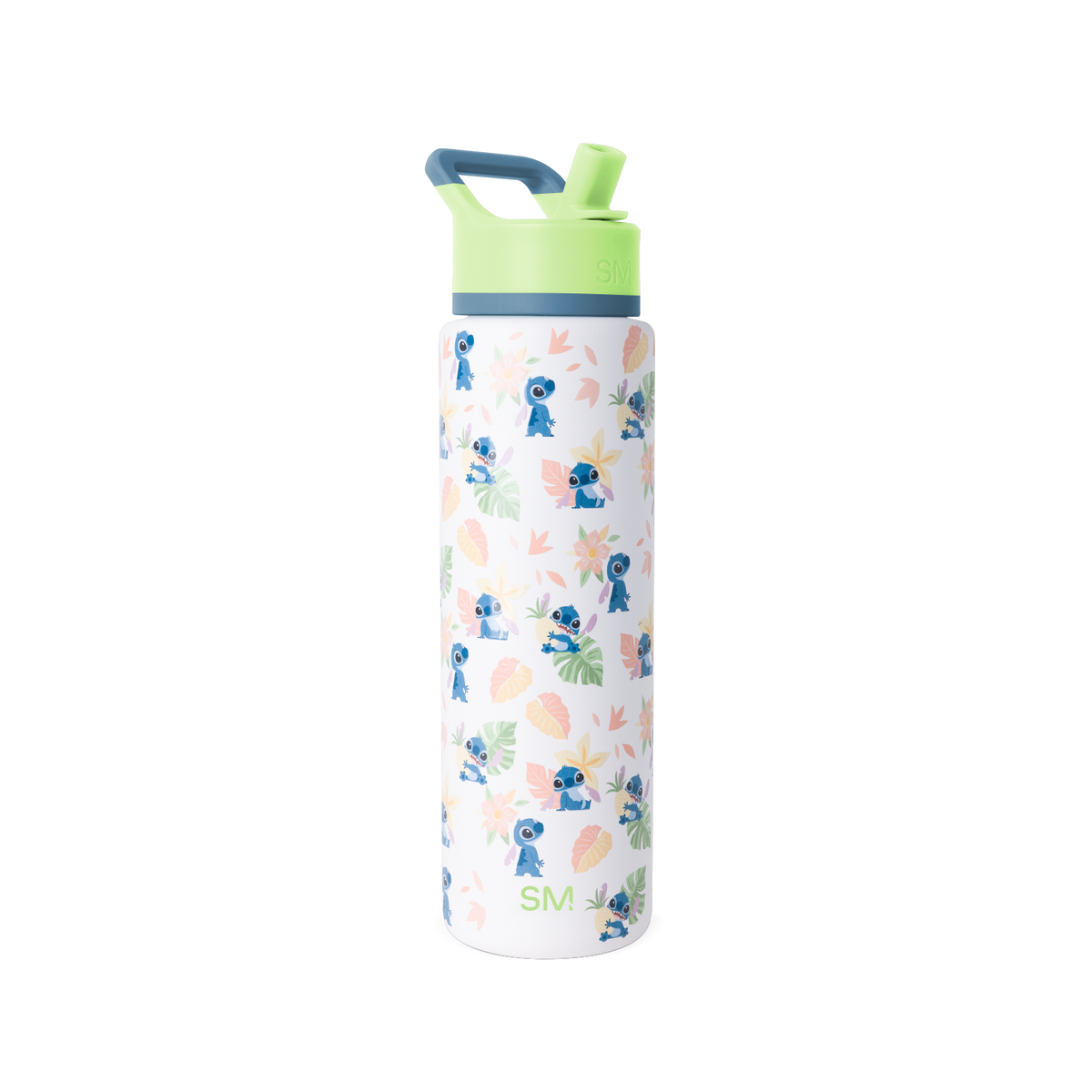 White water bottle with lime green spout and handle, steel blue-gray band around middle section