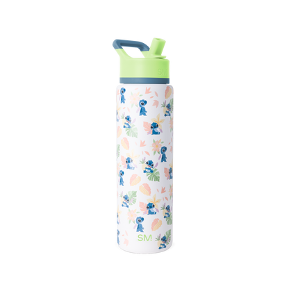 White water bottle with lime green spout and handle, steel blue-gray band around middle section
