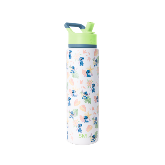White water bottle with lime green spout and handle, steel blue-gray band around middle section