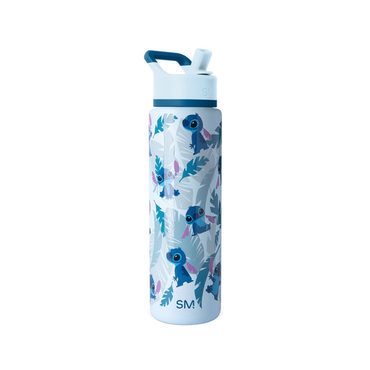 Light blue water bottle with teal, navy, and purple accents and two-tone cap featuring light blue and darker blue sections