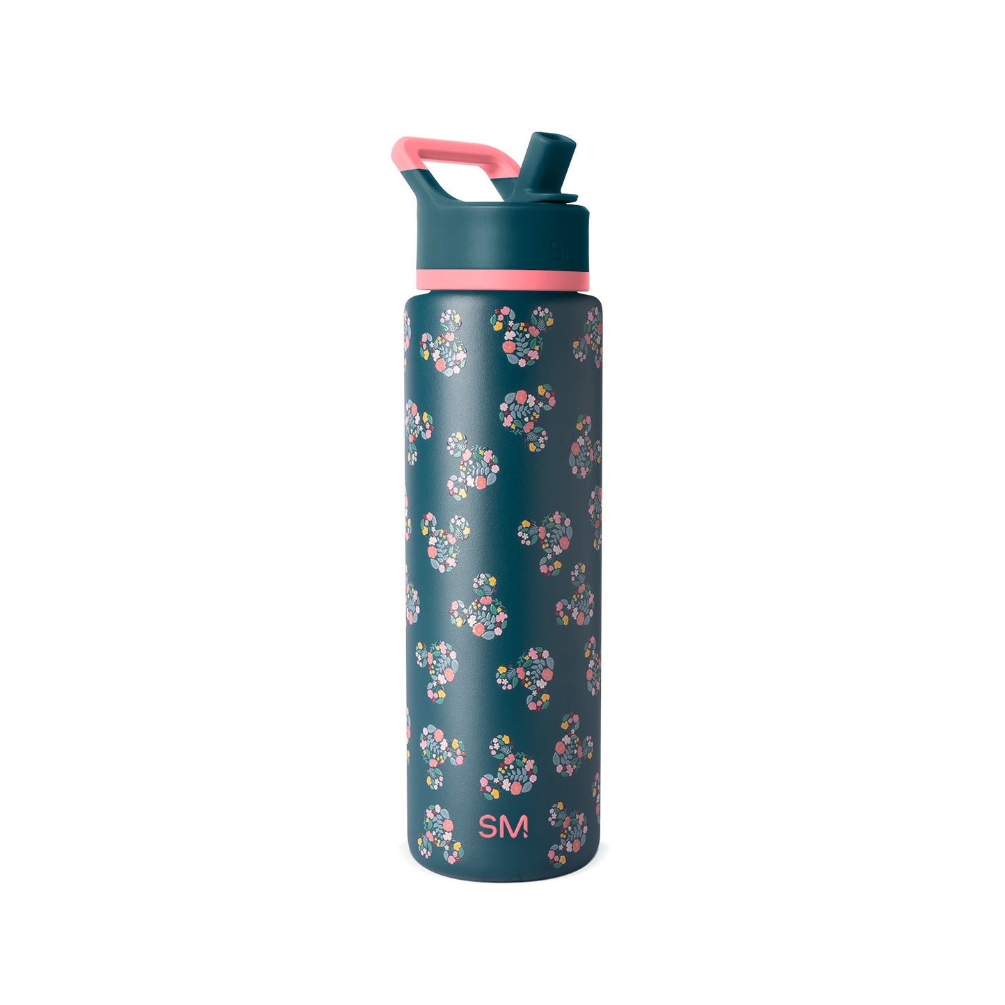 Deep teal water bottle with coral pink carry handle and cap band, featuring a floral design