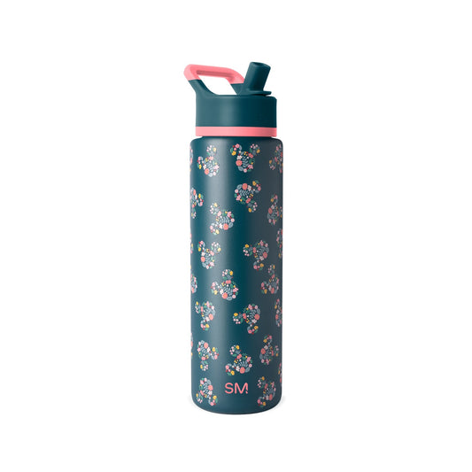 Deep teal water bottle with coral pink carry handle and cap band, featuring a floral design