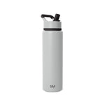 Soft pale gray water bottle with black lid and straw assembly, featuring a black band separating the lid from the body.