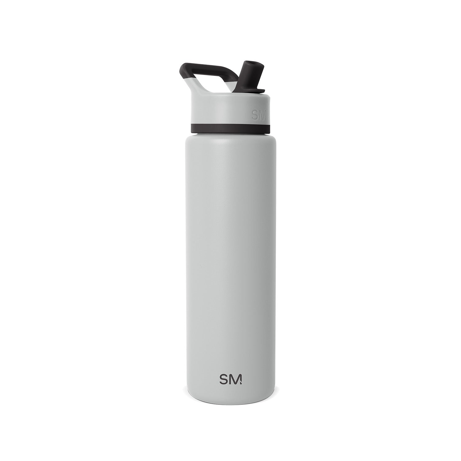 Soft pale gray water bottle with black lid and straw assembly, featuring a black band separating the lid from the body.