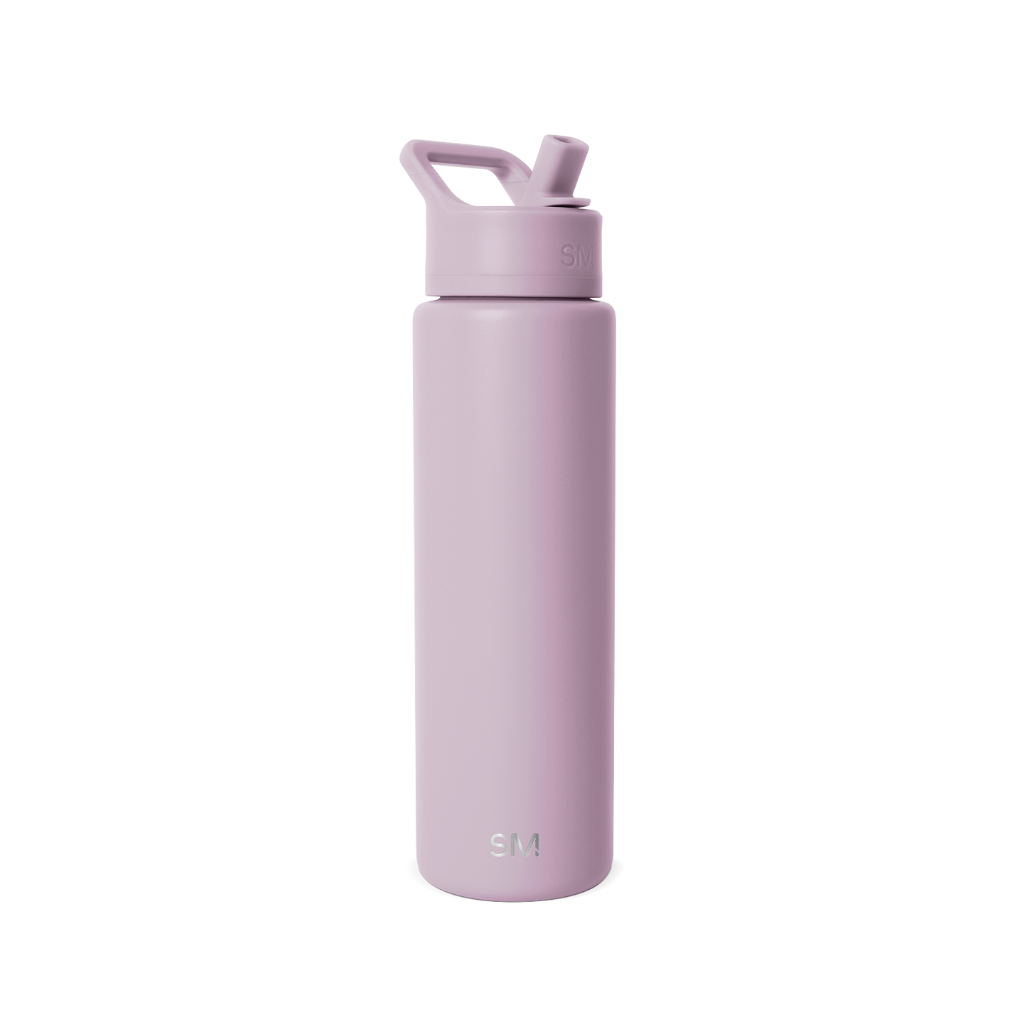 Soft mauve water bottle with matching pale purple lid on white background