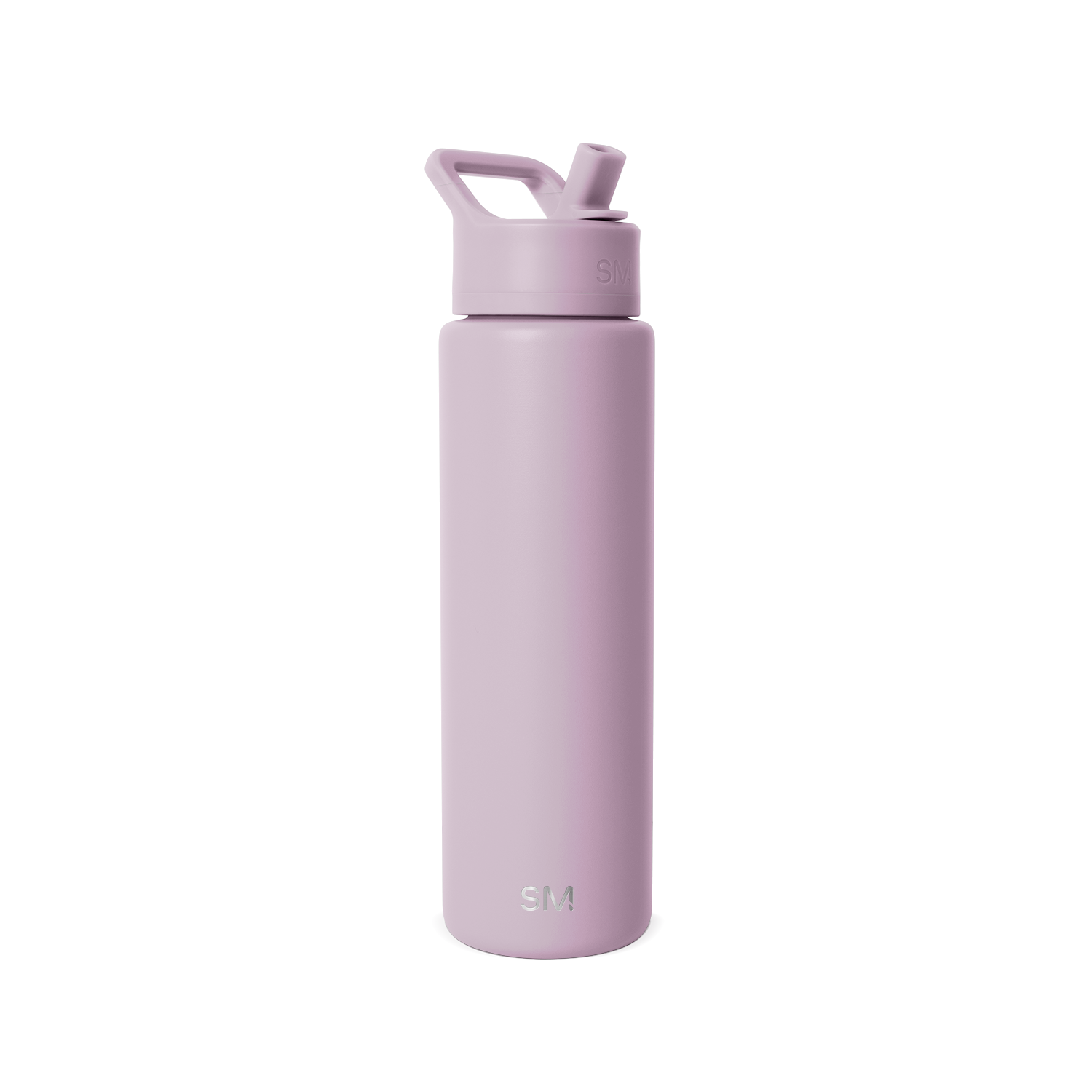 Soft mauve water bottle with matching pale purple lid on white background