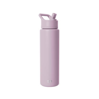 Soft mauve water bottle with matching pale purple lid on white background
