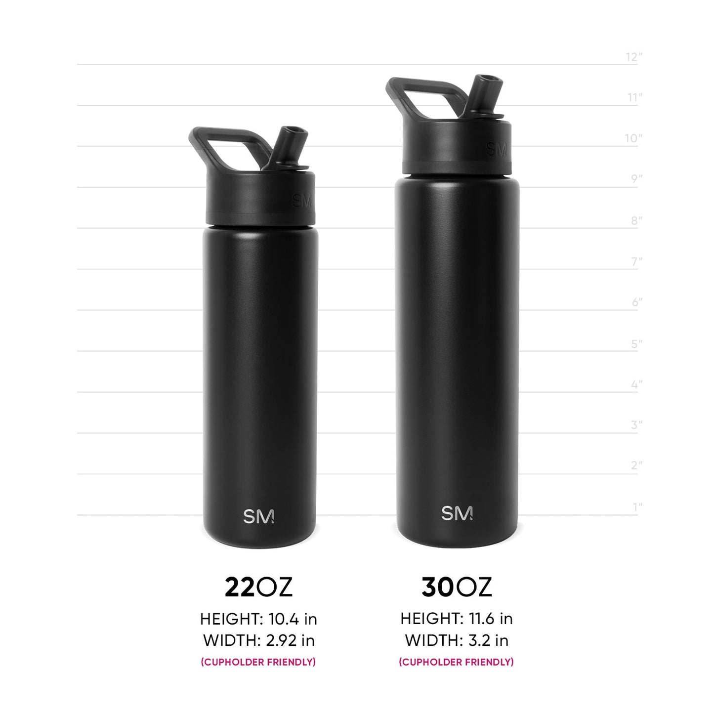 Two Simple Modern insulated water bottles in matte black positioned side by side for size comparison: 22oz bottle (10.4" tall, 2.92" wide) on left and 30oz bottle (11.6" tall, 3.2" wide) on right, with measurement scale and