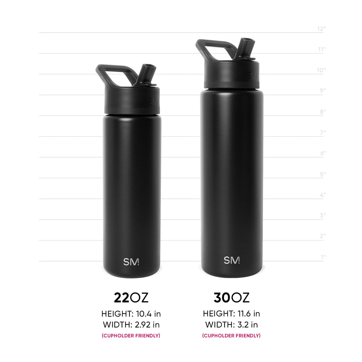 Two matte black insulated water bottles with measurement scale and dimensions marked in light gray lines and text on white background.