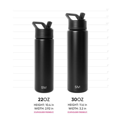 Two matte black insulated water bottles with measurement scale and dimensions marked in light gray lines and text on white background.