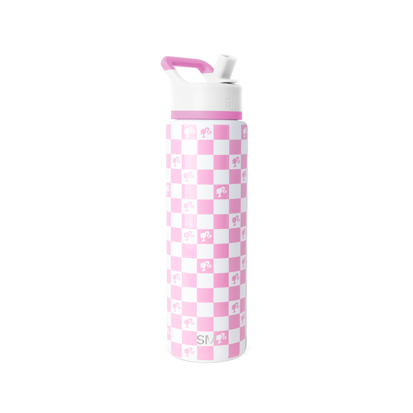 Pink and white checkerboard water bottle with matching lid and handle accent details