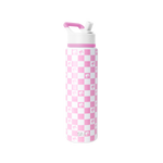 Pink and white checkerboard water bottle with matching lid and handle accent details