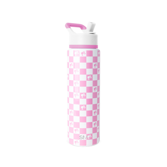 Pink and white checkerboard water bottle with matching lid and handle accent details