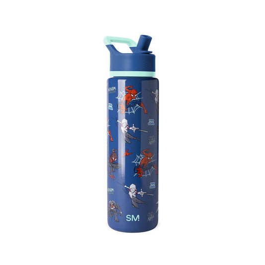 Navy blue insulated water bottle with mint green flip-top lid and carry handle