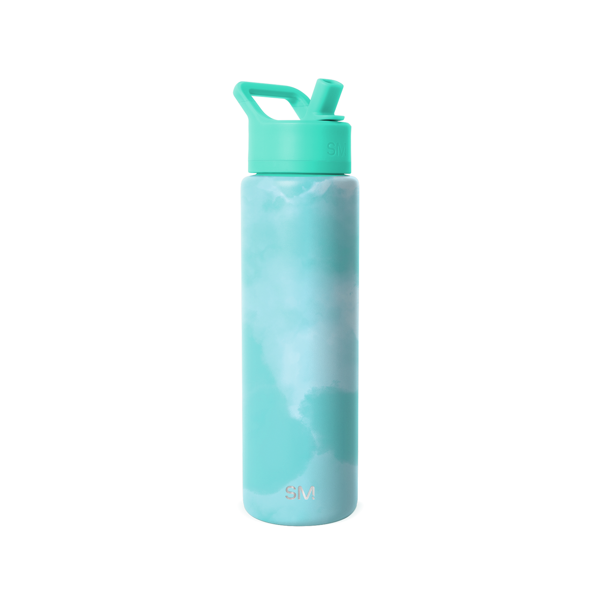 Soft turquoise water bottle with cloud-like tie-dye pattern in teal, light blue, and white shades. Solid-colored cap and carry loop.