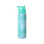 Soft turquoise water bottle with cloud-like tie-dye pattern in teal, light blue, and white shades. Solid-colored cap and carry loop.