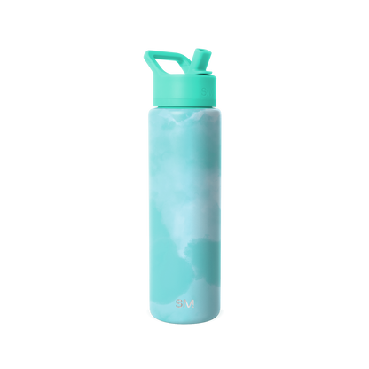 Soft turquoise water bottle with cloud-like tie-dye pattern in teal, light blue, and white shades. Solid-colored cap and carry loop.