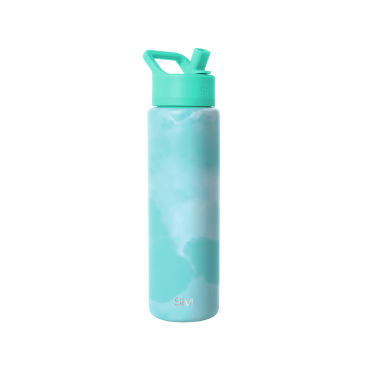 Soft turquoise water bottle with cloud-like tie-dye pattern in teal, light blue, and white shades. Solid-colored cap and carry loop.