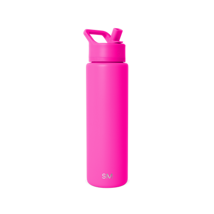Hot pink water bottle with white background