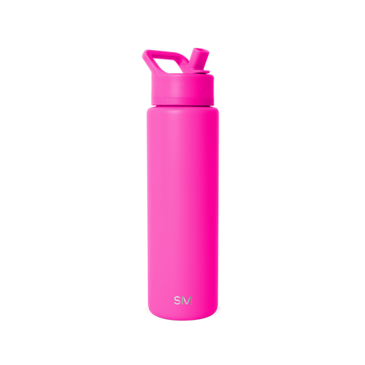 Hot pink water bottle with white background
