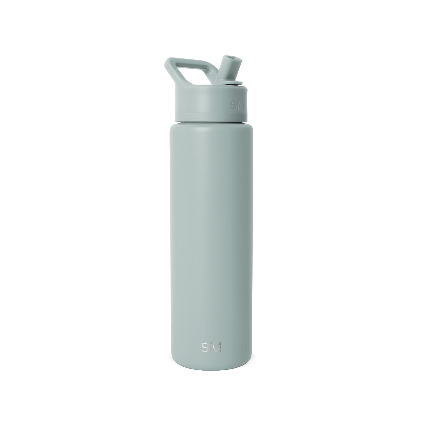 Sage green water bottle with matching cap and handle on a clean background