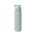 Sage green water bottle with matching cap and handle on a clean background