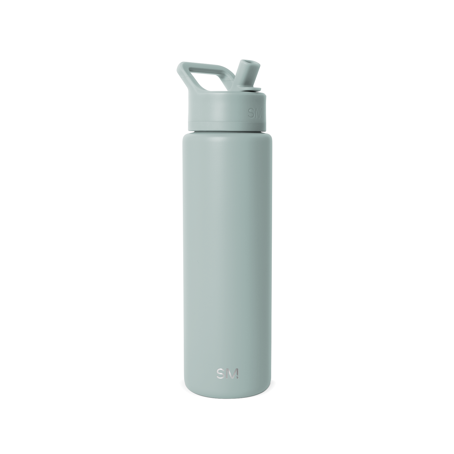 Sage green water bottle with matching cap and handle on a clean background
