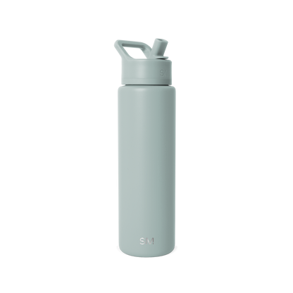 Sage green water bottle with matching cap and handle on a clean background