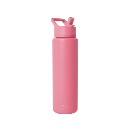 Soft dusty pink water bottle with white cap displayed against a clean white background, shown in full product view.