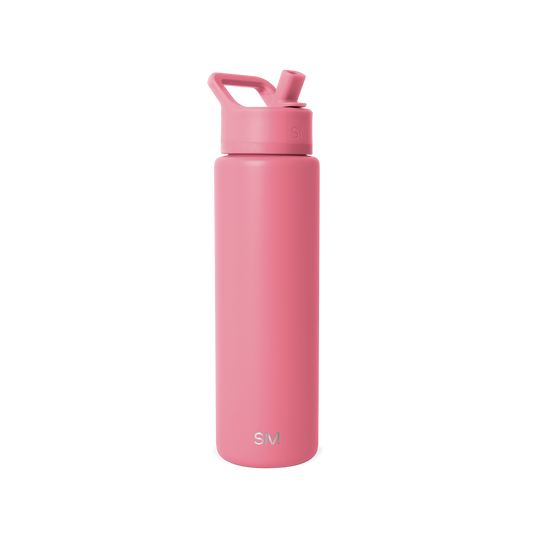 Soft dusty pink water bottle with white cap displayed against a clean white background, shown in full product view.