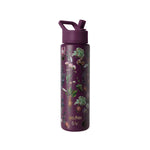 Deep burgundy water bottle with botanical illustrations in soft muted tones on purple background