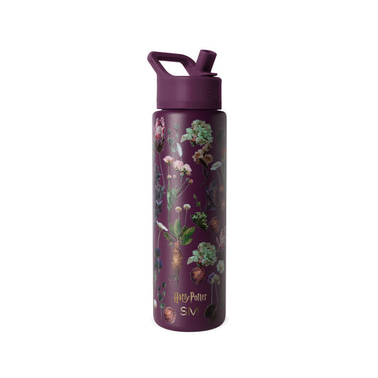 Deep burgundy water bottle with botanical illustrations in soft muted tones on purple background