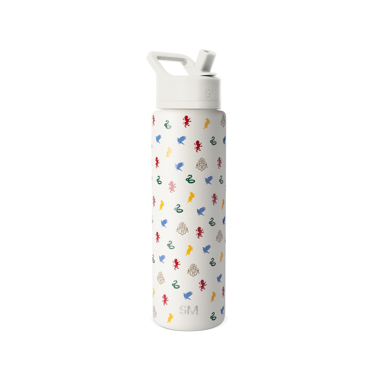 Simple Modern white insulated water bottle with multicolored fantasy pattern featuring mythical creatures, flip-top cap with handle, and SM logo branding.
