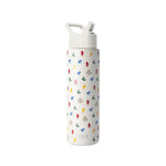 Simple Modern white insulated water bottle with multicolored fantasy pattern featuring mythical creatures, flip-top cap with handle, and SM logo branding.