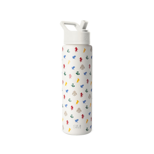 Simple Modern white insulated water bottle with multicolored fantasy pattern featuring mythical creatures, flip-top cap with handle, and SM logo branding.