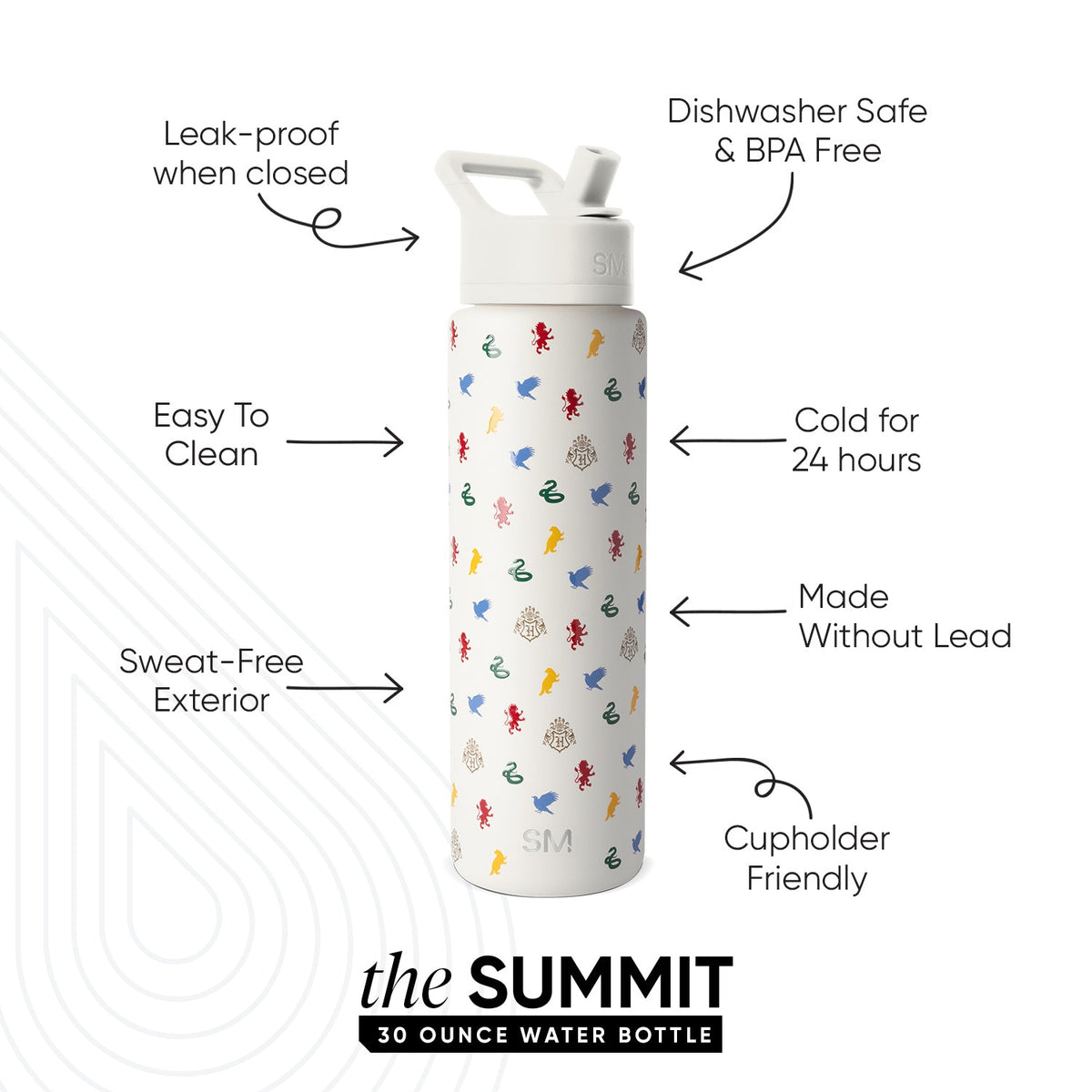 Simple Modern Summit 30 ounce water bottle with cream base and illustrated sea creatures pattern in red, blue, coral, green, and yellow. Features leak-proof design, keeps drinks cold 24 hours, dishwasher safe, BPA-free,