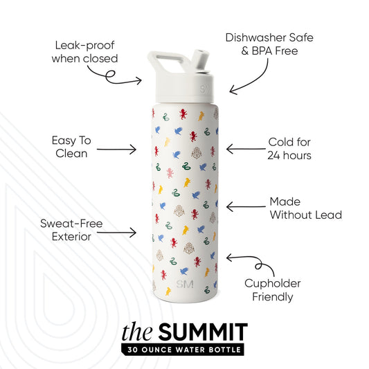 Simple Modern Summit 30 ounce water bottle with cream base and illustrated sea creatures pattern in red, blue, coral, green, and yellow. Features leak-proof design, keeps drinks cold 24 hours, dishwasher safe, BPA-free,