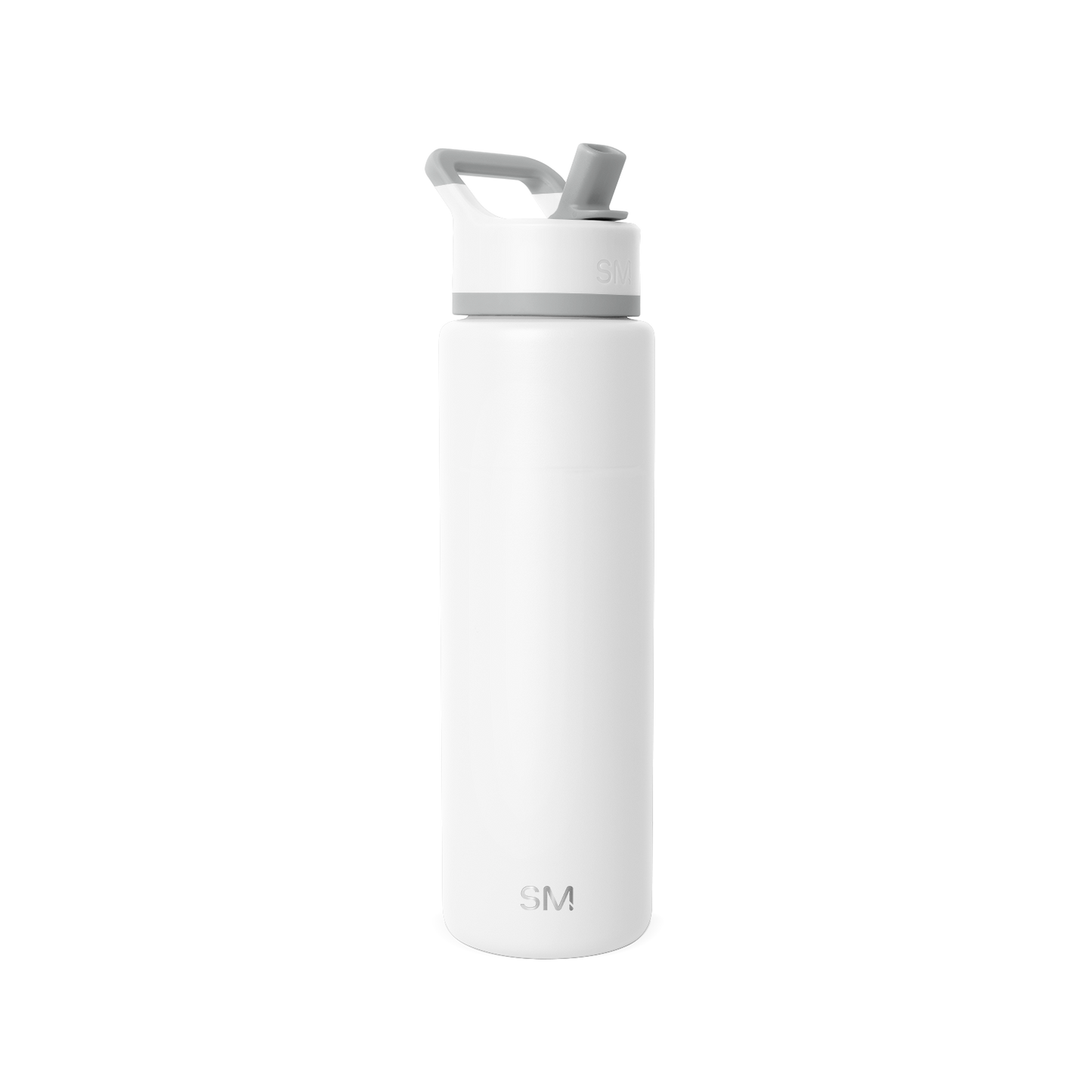 White cylindrical water bottle with tapered modern design and gray-white lid with angular handle