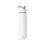 White cylindrical water bottle with tapered modern design and gray-white lid with angular handle