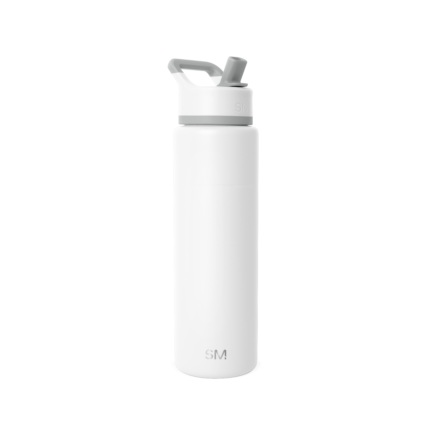 White cylindrical water bottle with tapered modern design and gray-white lid with angular handle