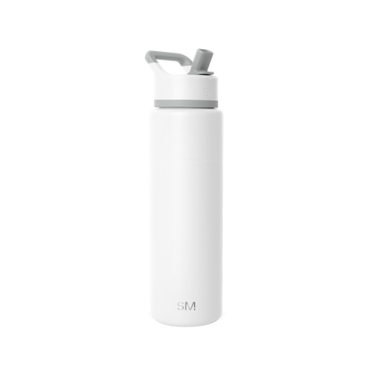 White cylindrical water bottle with tapered modern design and gray-white lid with angular handle
