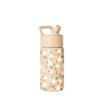 Beige Simple Modern water bottle with floral pattern featuring white, pink, and coral flowers with teal and sage green leaves, cream lid with handle and pop-up spout, shown against white background.
